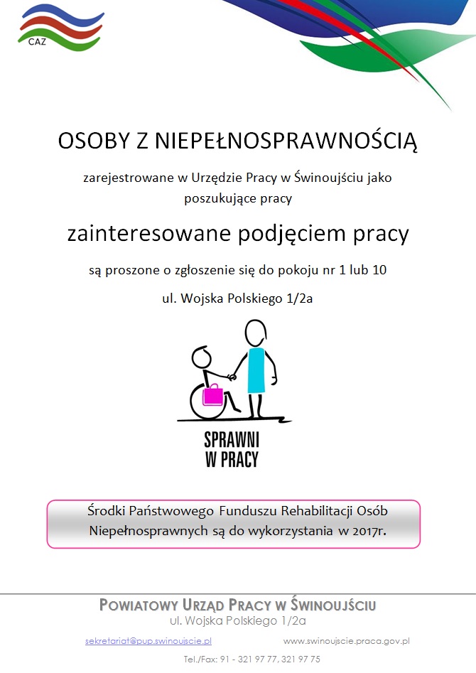 osoby z niepełnosprawnością poszukujące pracy zapraszamy do pokoju 1 lub 10 w Powiatowym Urzędzie Pracy w Świnoujściu