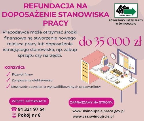 Zdjęcie artykułu Powiatowy Urząd Pracy w Świnoujściu ogłasza nabór wniosków o refundację kosztów wyposażenia lub doposażenia stanowiska pracy dla skierowanego bezrobotnego – w ramach pomocy de minimis.