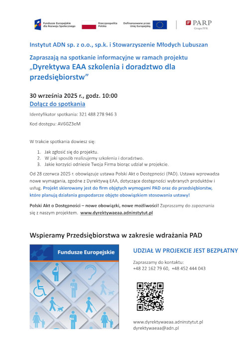 Zdjęcie artykułu Uwaga Przedsiębiorcy  Bezpłatne spotkanie online – poznaj szczegóły projektu „Dyrektywa EAA – szkolenia i doradztwo dla przedsiębiorstw”