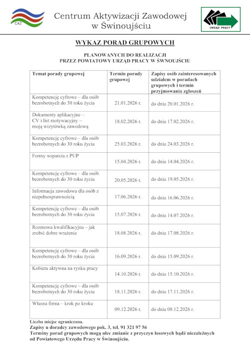 Zdjęcie artykułu Centrum Aktywizacji Zawodowej w Świnoujściu - wykaz porad grupowych